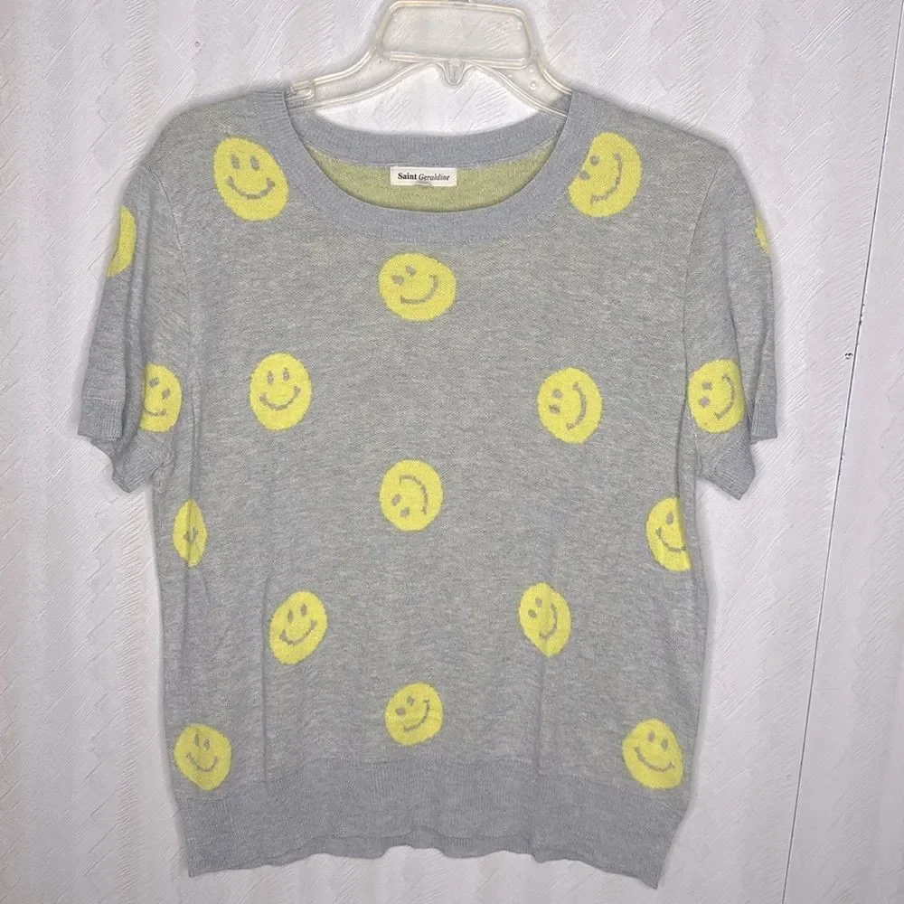 Anthropologie Gray and Yellow Smiley Face Blouse - Picture 6 of 9